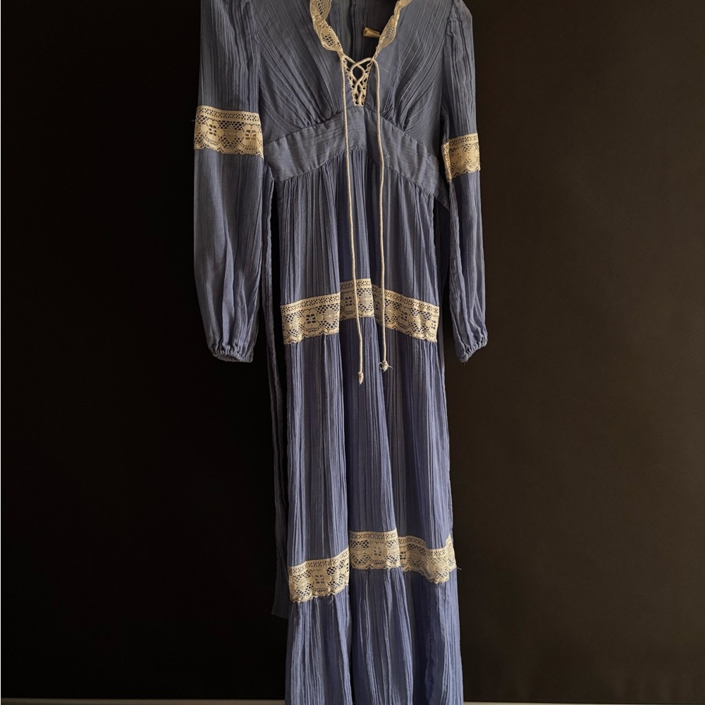 70s Vintage Prairie Maxi Peasant CottageCore Dress Periwinkle with Crochet Trim